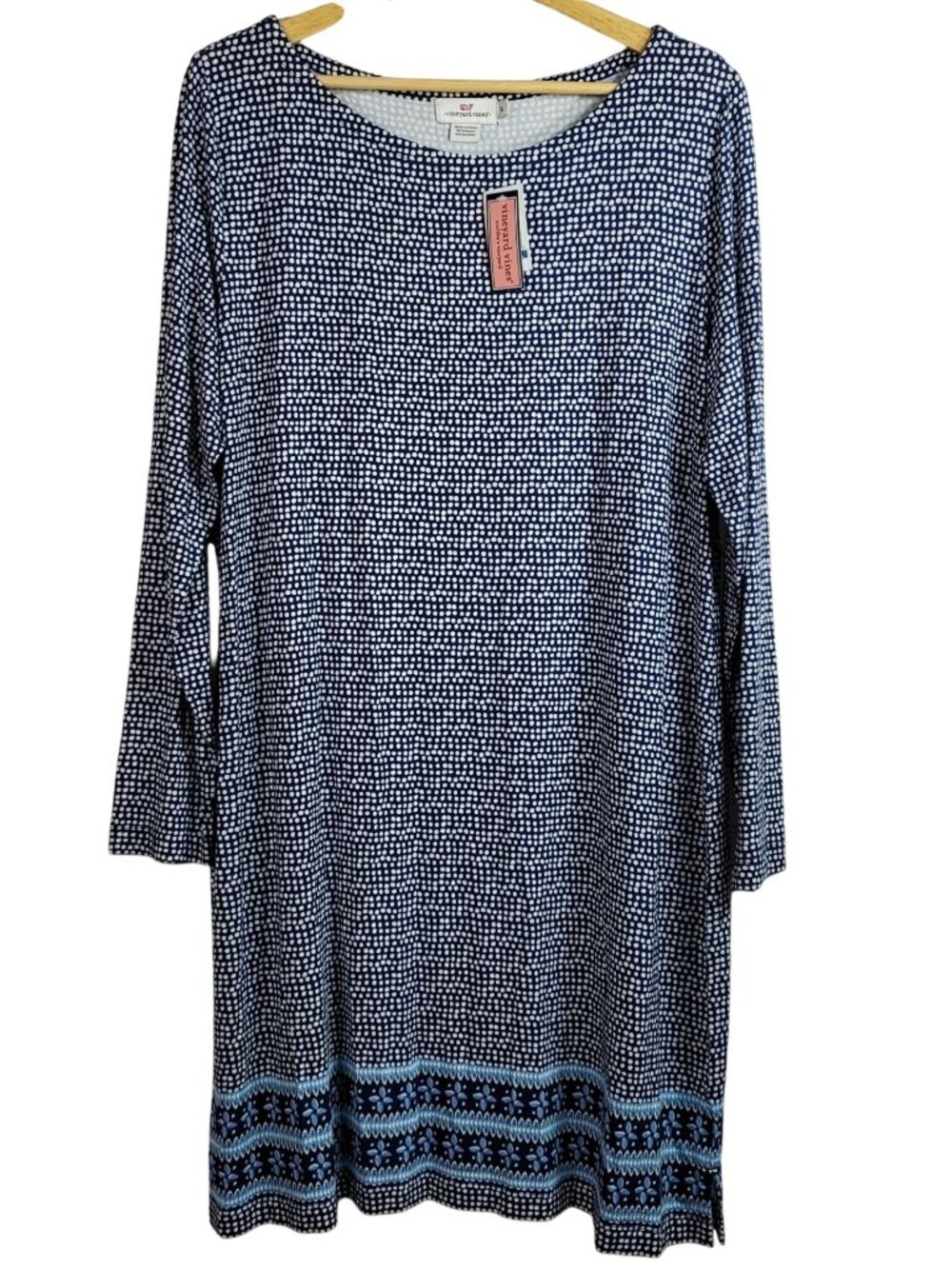 Vineyard Vines Women Dot Shift Dress Blue XL Long Sleeve Boat Knee Stretch NEW